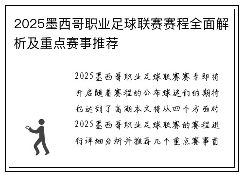 2025墨西哥职业足球联赛赛程全面解析及重点赛事推荐