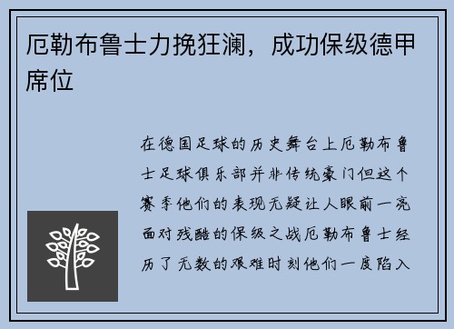 厄勒布鲁士力挽狂澜，成功保级德甲席位