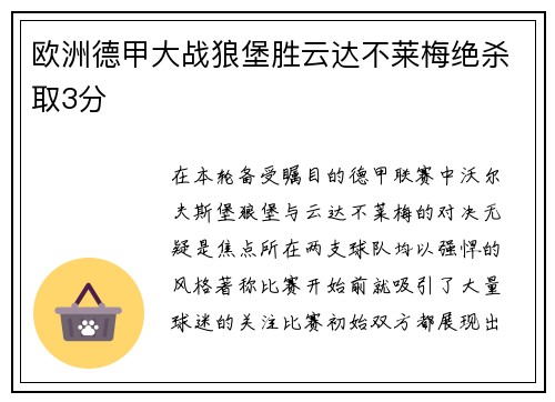 欧洲德甲大战狼堡胜云达不莱梅绝杀取3分
