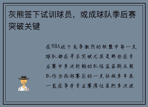 灰熊签下试训球员，或成球队季后赛突破关键
